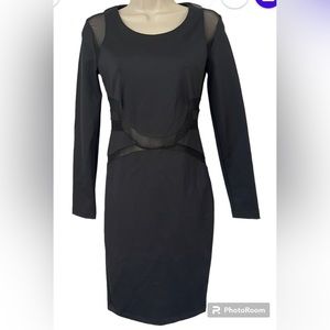 Stella & Jamie Black Mesh Panel Bodycon Dress Small Long Sleeve Cut-Out Sheath‎